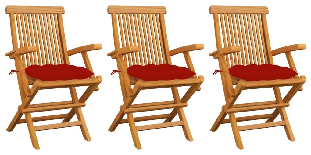 Καρέκλες Κήπου 3 τεμ. από Μασίφ Ξύλο Teak με Κόκκινα Μαξιλάρια