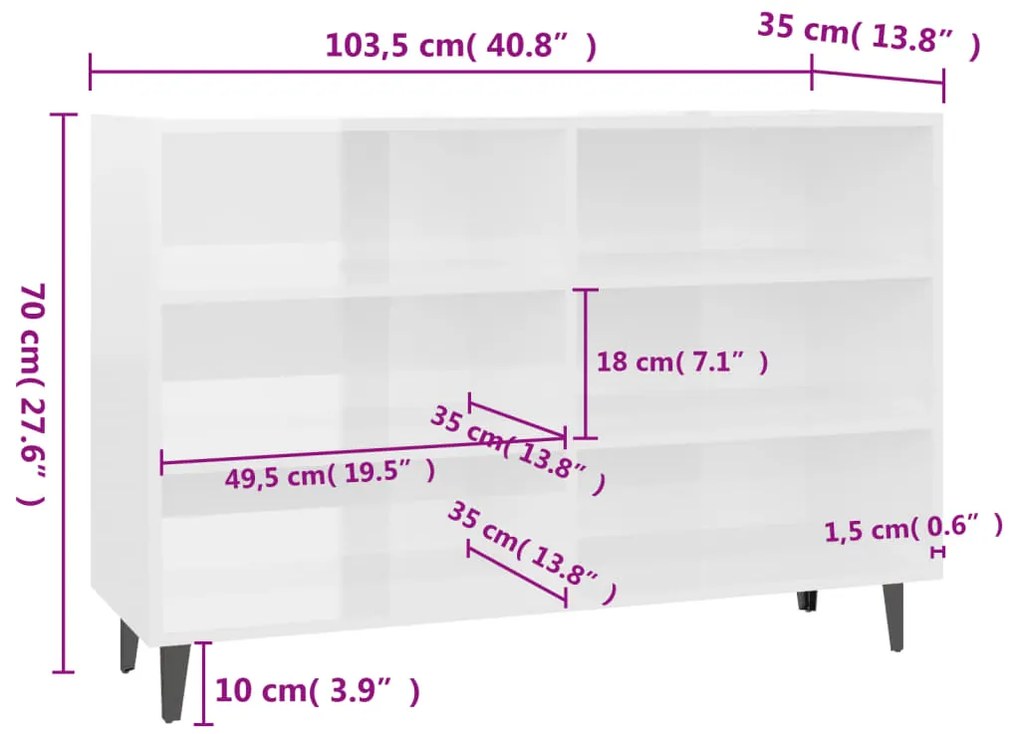vidaXL Ραφιέρα Γυαλιστερή Λευκή 103,5 x 35 x 70 εκ. από Επεξεργ. Ξύλο