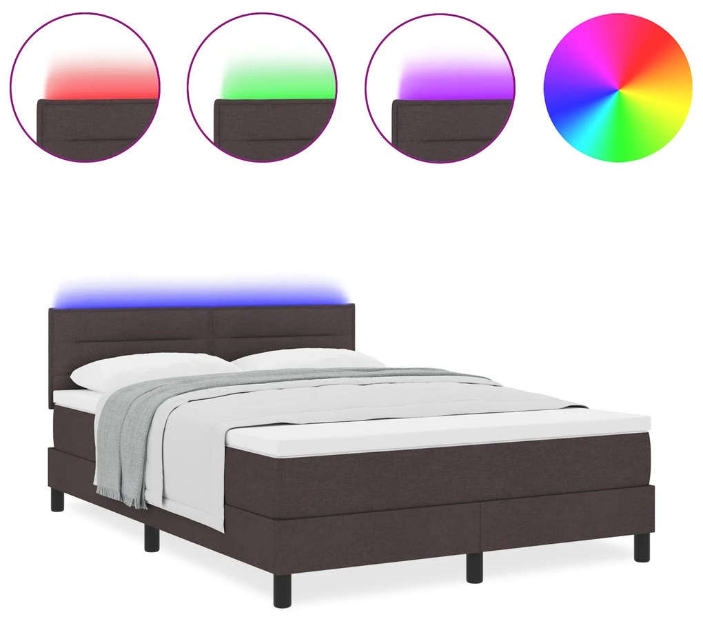 vidaXL Κρεβάτι Box Spring με Στρώμα & LED Σκούρο Καφέ 140x200 εκ Υφασμάτινο