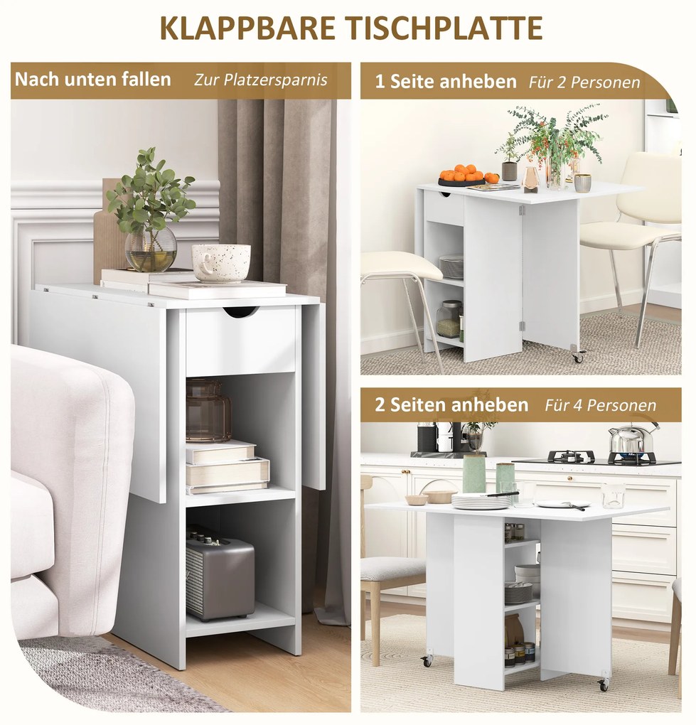 HOMCOM Πτυσσόμενο τραπέζι τραπεζαρίας για 2-4 άτομα, πτυσσόμενο τραπέζι κουζίνας με αποθηκευτικό χώρο, επεκτεινόμενο τραπέζι με ροδάκια, Λευκό