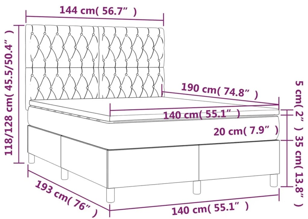 Κρεβάτι Boxspring με Στρώμα Σκούρο Γκρι 140x190 εκ. Υφασμάτινο - Γκρι