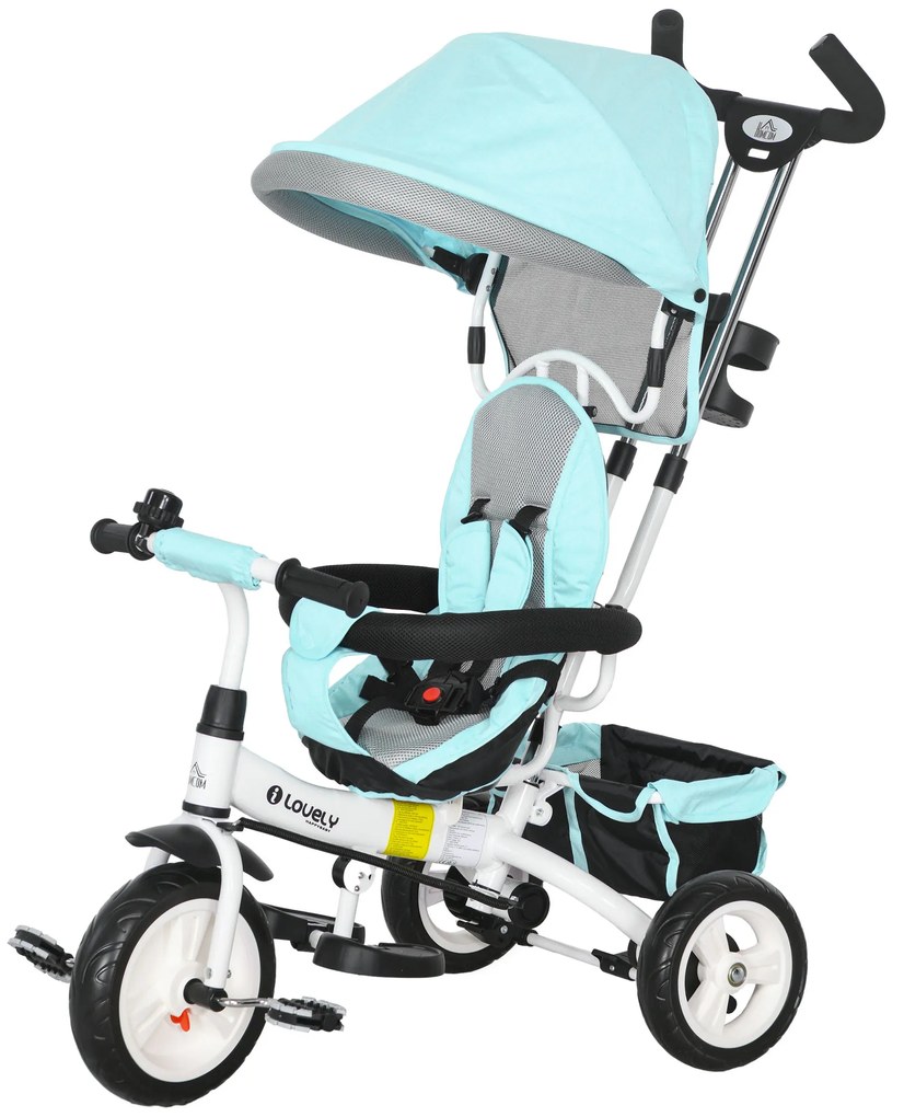 HOMCOM 6-in-1 παιδικό τρίκυκλο με ράβδο ώθησης, κουκούλα, ζώνη, καλάθι αποθήκευσης, για 1-5 ετών, Πράσινο