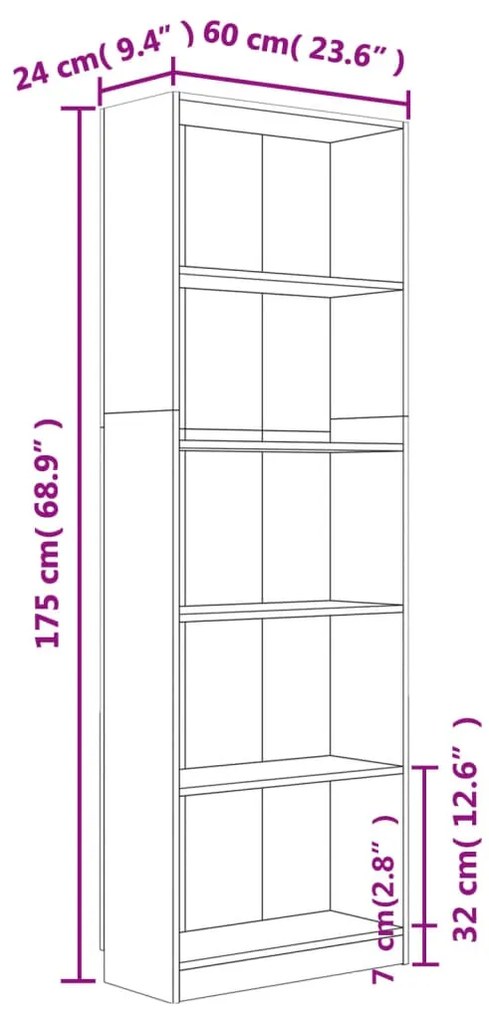 vidaXL Βιβλιοθήκη με 5 Ράφια Καφέ Δρυς 60x24x175 εκ. Επεξεργ. Ξύλο