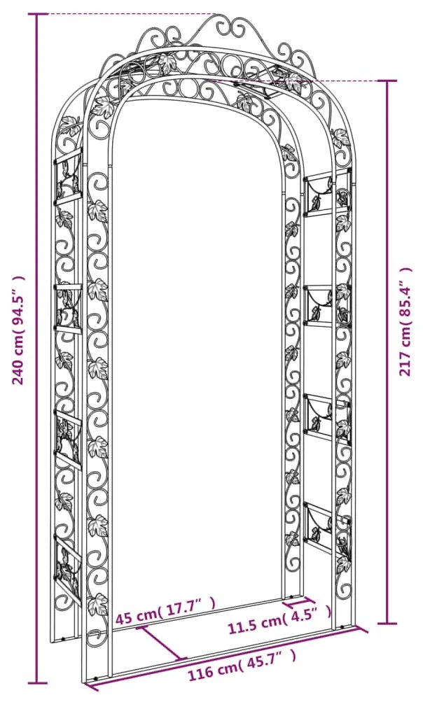 vidaXL Αψίδα Κήπου Μαύρη 116 x 45 x 240 εκ. Ατσάλινη