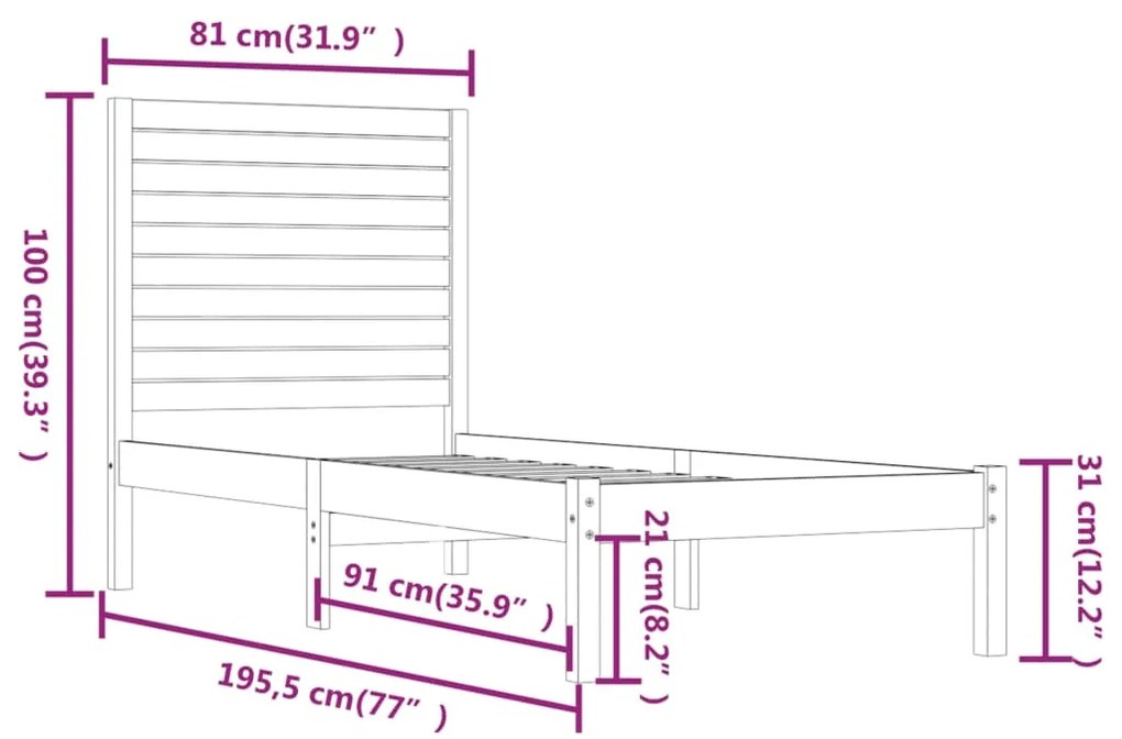 vidaXL Πλαίσιο Κρεβατιού Μαύρο 75 x 190εκ. από Μασίφ Ξύλο Small Single