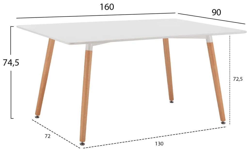 Τραπέζι Minimal, Λευκό MDF, Ξύλινα Πόδια Οξιά, 160x90x74,5Υ εκ