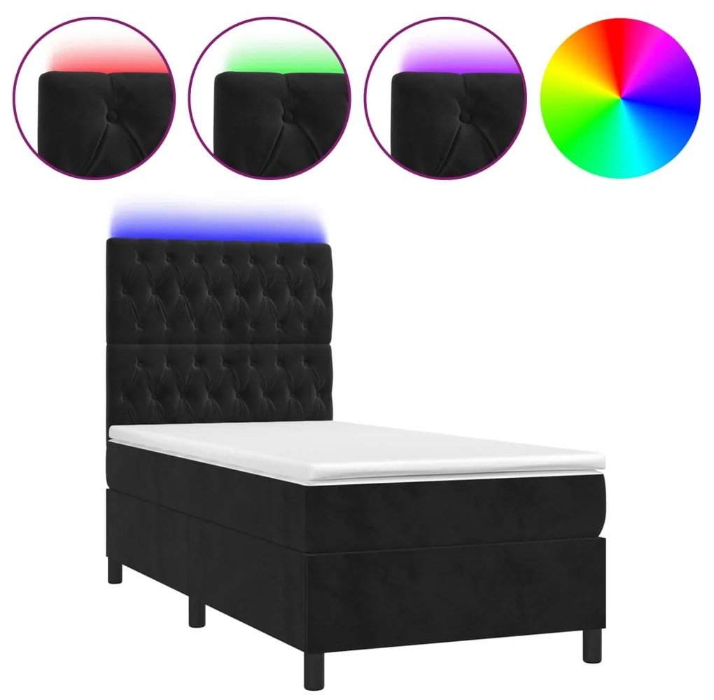 vidaXL Κρεβάτι Boxspring με Στρώμα & LED Μαύρο 100x200 εκ. Βελούδινο