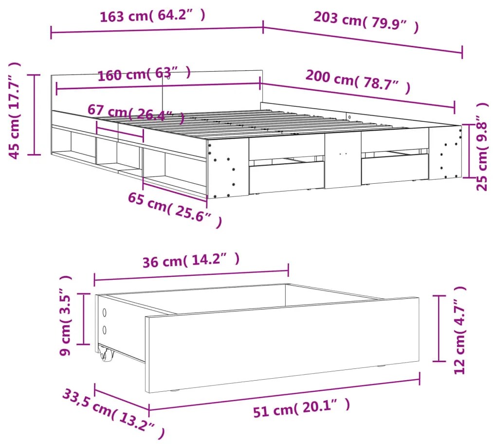 Πλαίσιο Κρεβατιού με Συρτάρια Μαύρο 160x200 εκ Επεξεργ. Ξύλο - Μαύρο