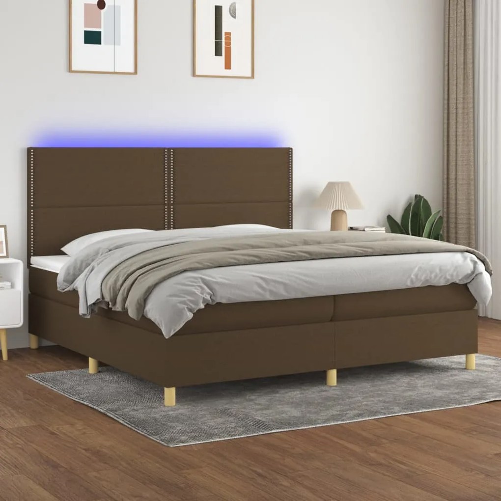 vidaXL Κρεβάτι Boxspring με Στρώμα & LED Σκ.Καφέ 200x200εκ. Υφασμάτινο