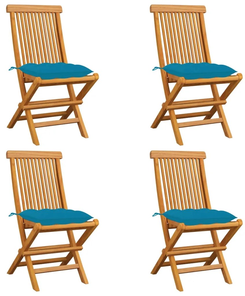 vidaXL Καρέκλες Κήπου 4 τεμ. από Μασίφ Ξύλο Teak με Γαλάζια Μαξιλάρια