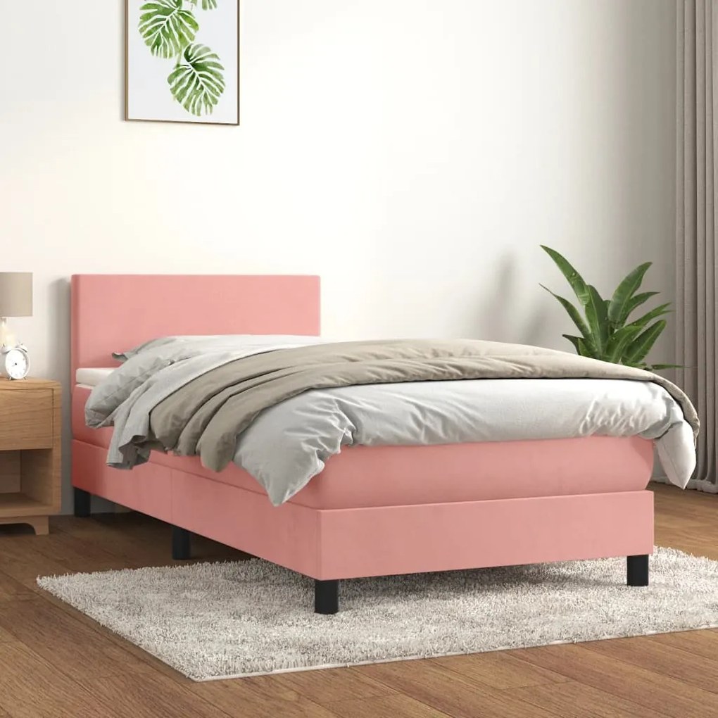 vidaXL Κρεβάτι Boxspring με Στρώμα Ροζ 90x200 εκ. Βελούδινο