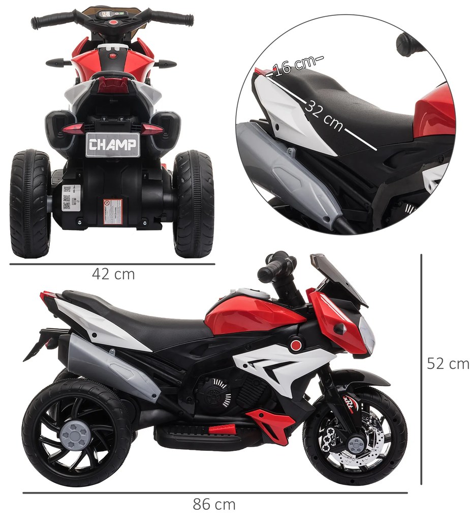 HOMCOM Ηλεκτρικό παιδικό μοτοσικλέτα, Φώτα &amp; Ήχοι, 3 km/h, επαναφορτιζόμενο, Πλαστικό &amp; Μέταλλο, Μαύρο/Κόκκινο