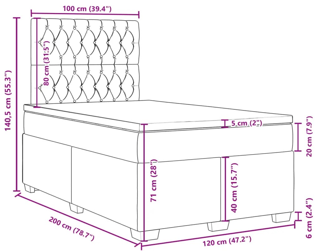 Κρεβάτι Boxspring με Στρώμα Σκούρο Γκρι 120x200 εκ. Βελούδινο - Γκρι