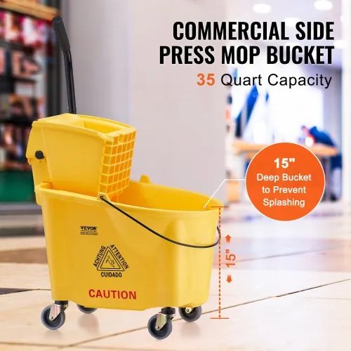 VEVOR Mop Bucket with Wringer, 35 Qt. Commercial Mop Bucket with Side Press Wringer, Side-Press Mop Bucket and Wringer Combo on Wheels, for Professional/Industrial/Business Floor Cleaning, Yellow