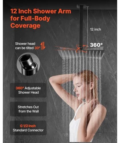 VEVOR Shower Faucet Set 12&quot; Square Rain Shower Head and Hand Set Matte Black