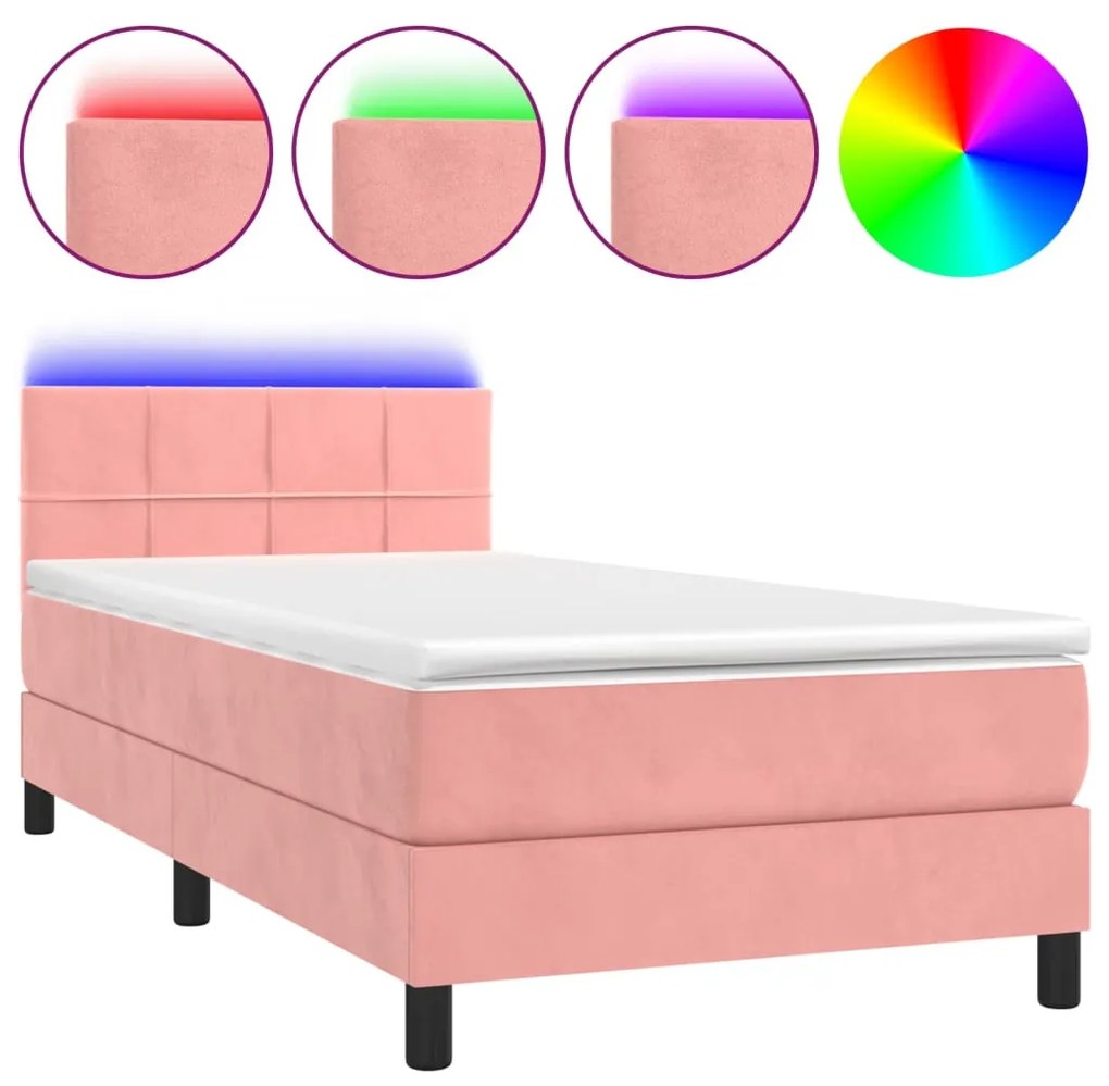 vidaXL Κρεβάτι Boxspring με Στρώμα & LED Ροζ 100x200 εκ. Βελούδινο