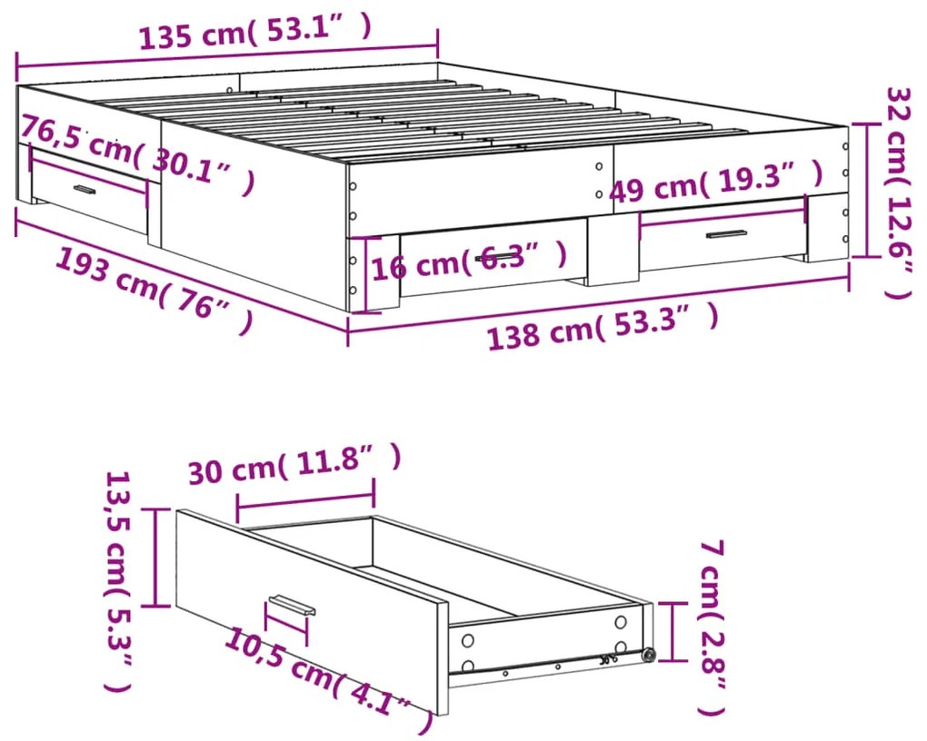 Πλαίσιο Κρεβατιού με συρτάρια Sonoma Δρυς 135x190εκ. Επεξ. Ξύλο - Καφέ