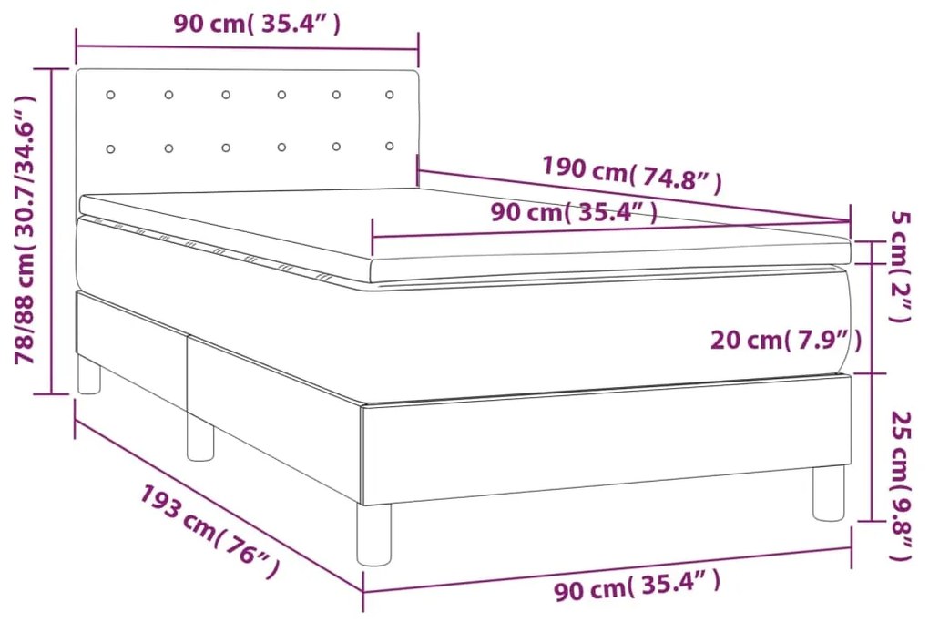 Κρεβάτι Boxspring με Στρώμα &amp; LED Αν.Γκρι 90x190 εκ. Υφασμάτινο - Γκρι