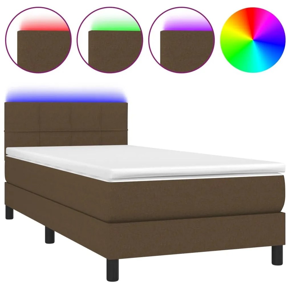 Κρεβάτι Boxspring με Στρώμα &amp; LED Σκ.Καφέ 90x190 εκ. Υφασμάτινο - Καφέ