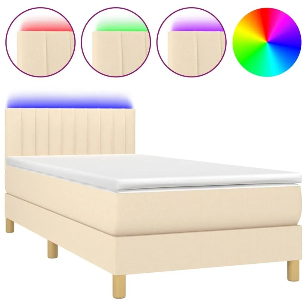 Κρεβάτι Boxspring με Στρώμα &amp; LED Κρεμ 100x200 εκ. Υφασμάτινο - Κρεμ