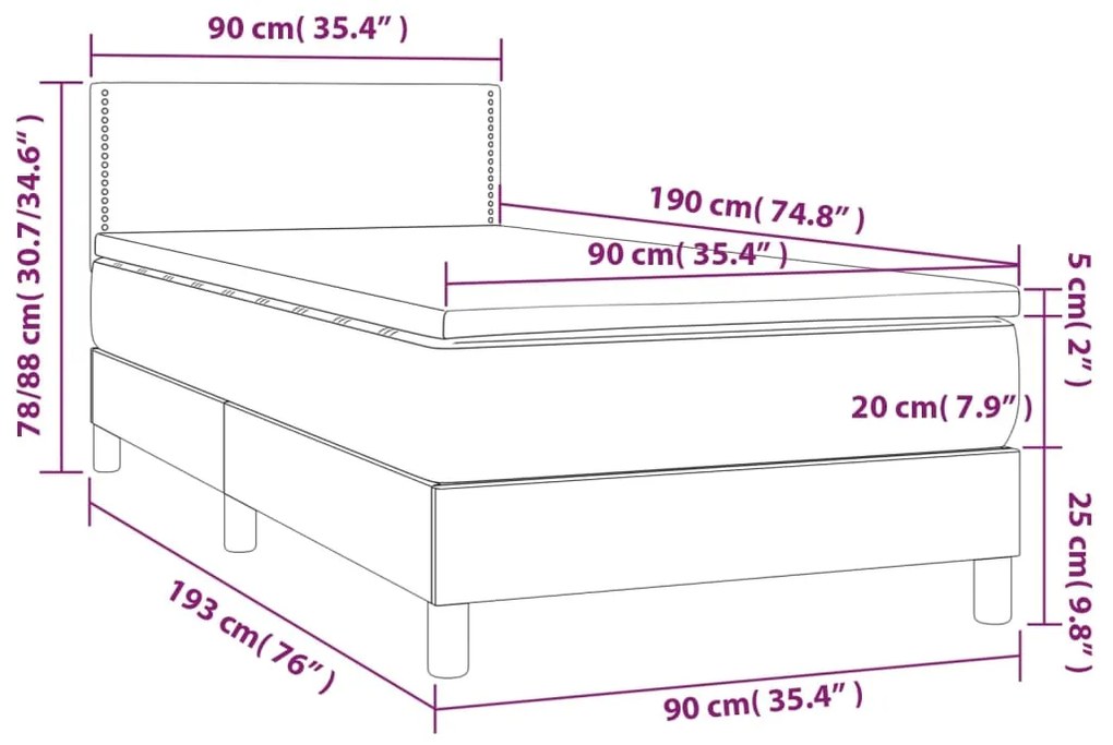 Κρεβάτι Boxspring με Στρώμα &amp; LED Σκ.Γκρι 90x190 εκ. Υφασμάτινο - Γκρι