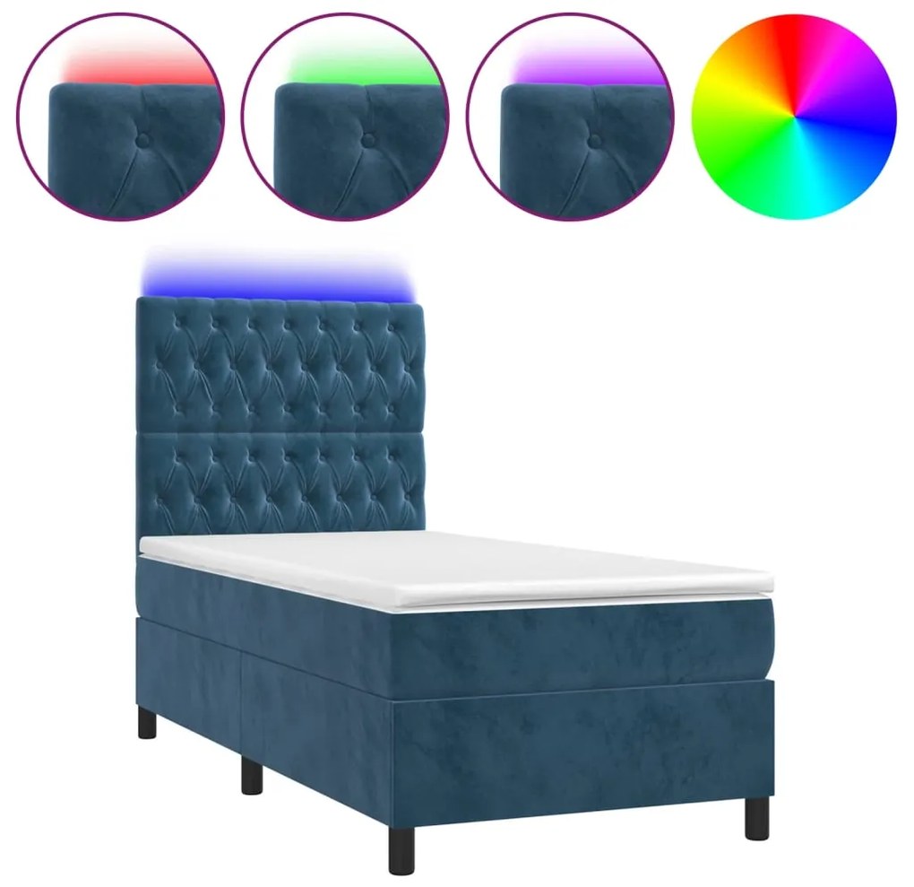 vidaXL Κρεβάτι Boxspring με Στρώμα & LED Σκ. Μπλε 90x200 εκ. Βελούδινο
