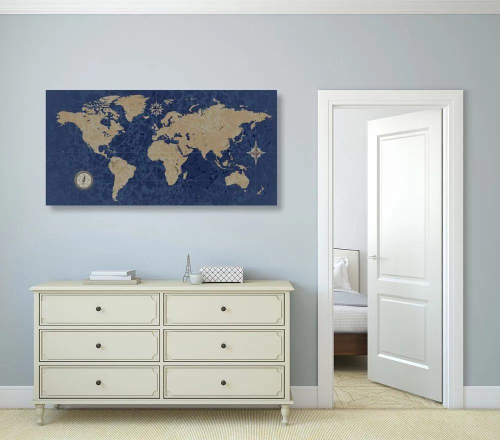 Εικόνα παγκόσμιου χάρτη με πυξίδα σε ρετρό στυλ σε μπλε φόντο - 100x50