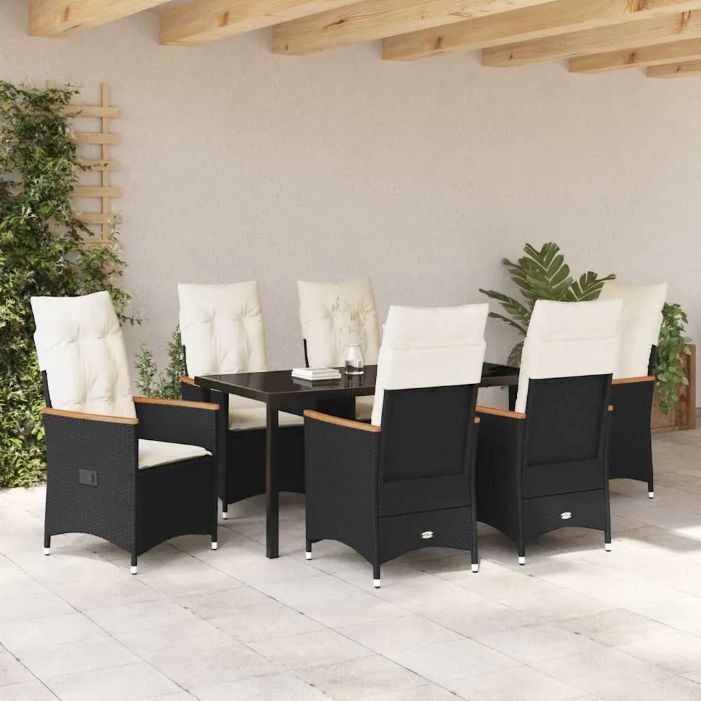 vidaXL Σέτ φαγητού για κήπο με μαξιλάρι 7 pcs Μαύρο Πολυ ράταν