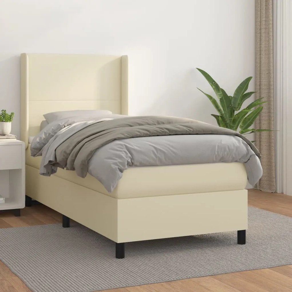vidaXL Κρεβάτι Boxspring με Στρώμα Κρεμ 90x200 εκ. από Συνθετικό Δέρμα