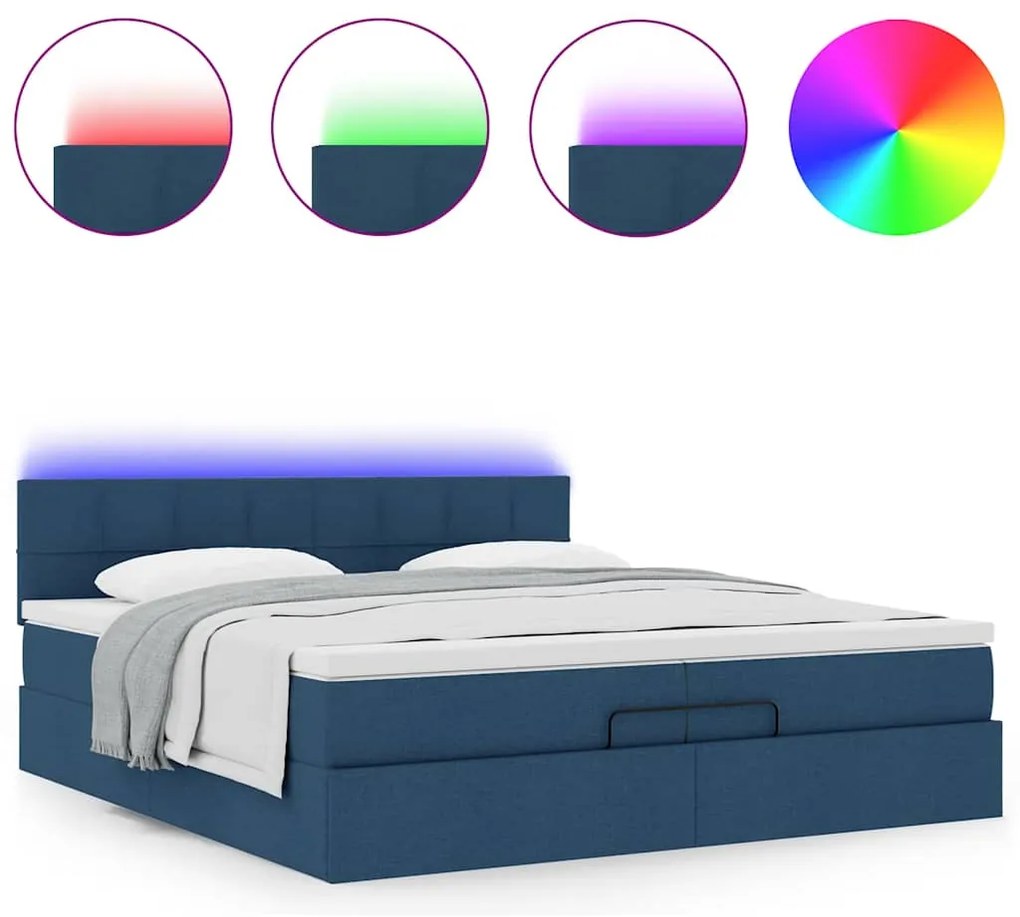 vidaXL Οθωμανικό κρεβάτι με στρώματα & LEDs Μπλε 200x200cm ύφασμα