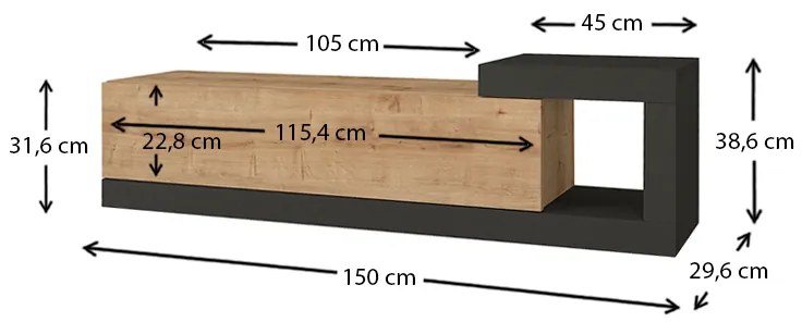 Έπιπλο τηλεόρασης επιτοίχιο Volare Megapap χρώμα sapphire oak - ανθρακί 150x29,6x38,6εκ.