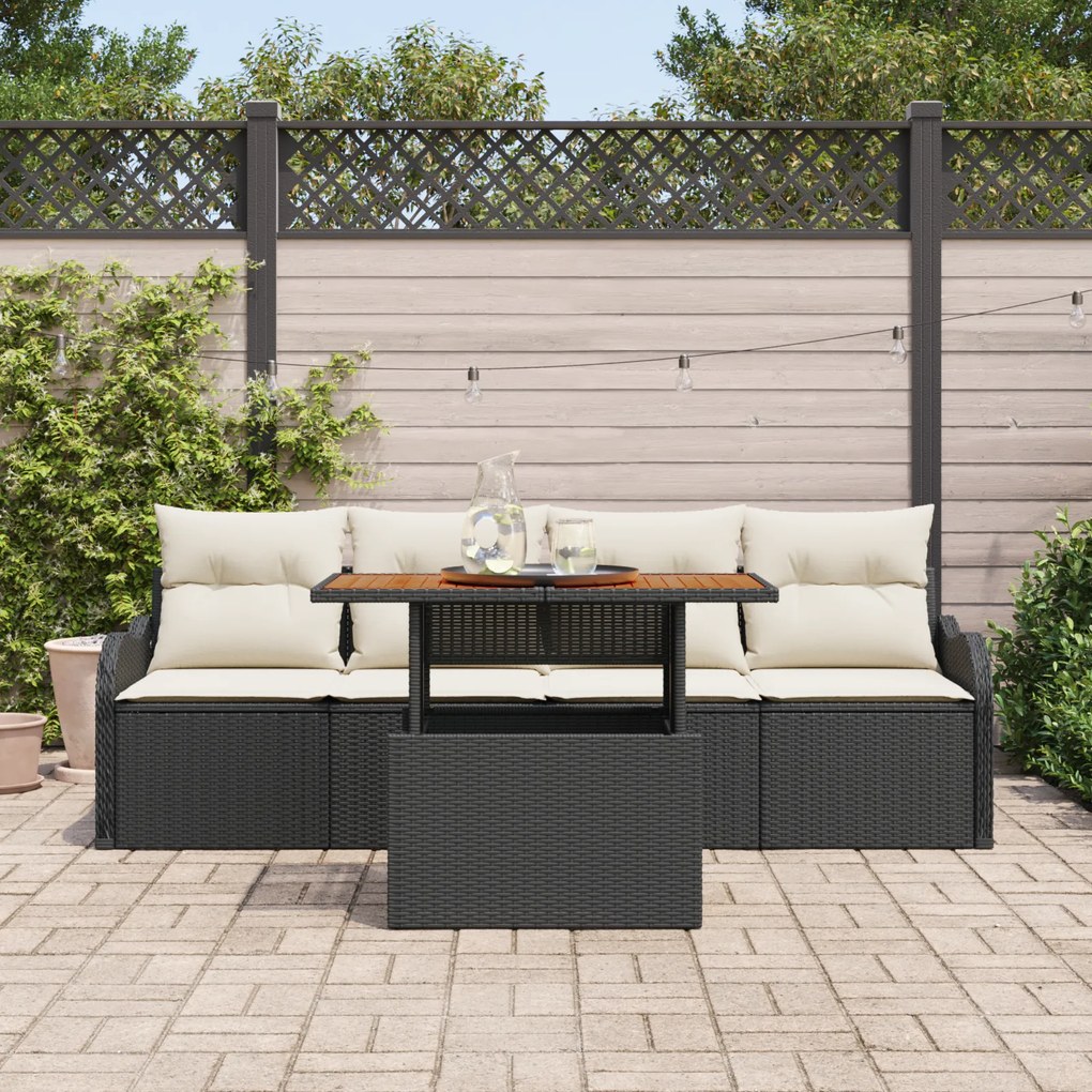 vidaXL Set καναπέ κήπου 5 τεμαχίων με μαξιλάρια, μαύρο πολυ-ράτταν.