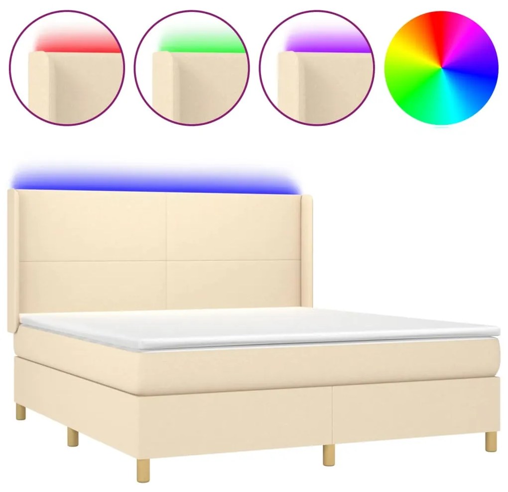 vidaXL Κρεβάτι Boxspring με Στρώμα & LED Κρεμ 180x200 εκ. Υφασμάτινο