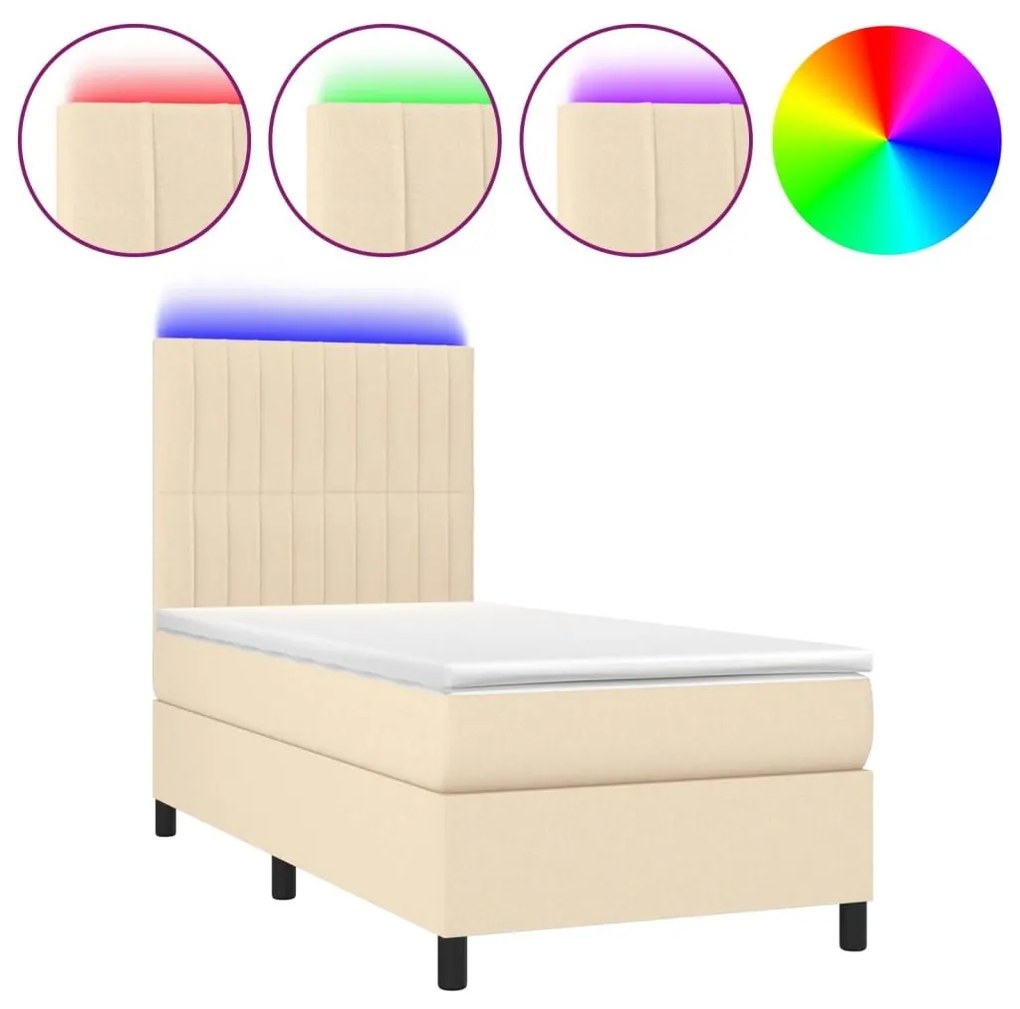 Κρεβάτι Boxspring με Στρώμα &amp; LED Κρεμ 100x200 εκ. Υφασμάτινο - Κρεμ