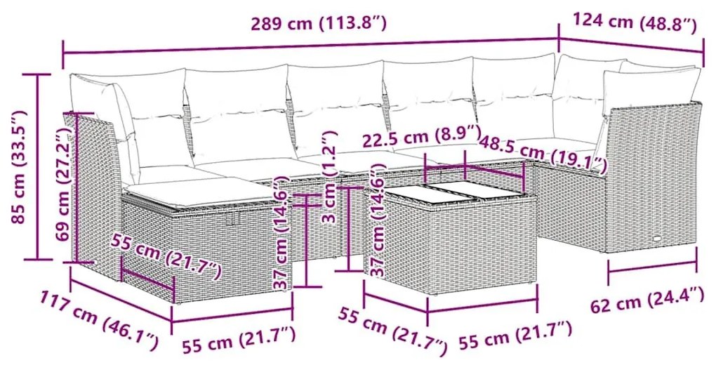 Σαλόνι Κήπου Σετ 8 Τεμαχίων Καφέ Συνθετικό Ρατάν με Μαξιλάρια - Καφέ