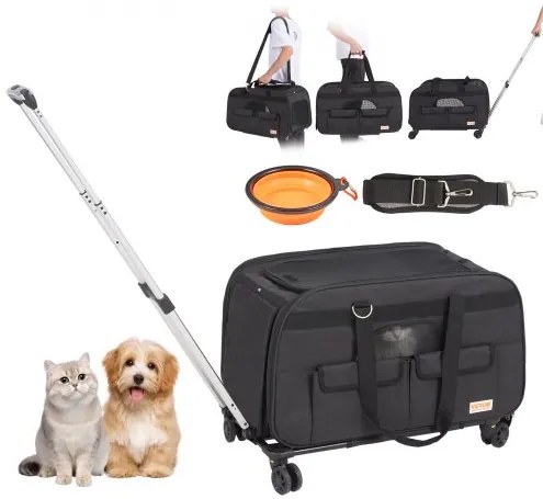 VEVOR Cat Carrier with Wheels, Rolling Pet Carrier with Telescopic Handle and Shoulder Strap, Dog Carrier with Wheels for Pets under 35 lbs, with 1 Folding Bowl, Black