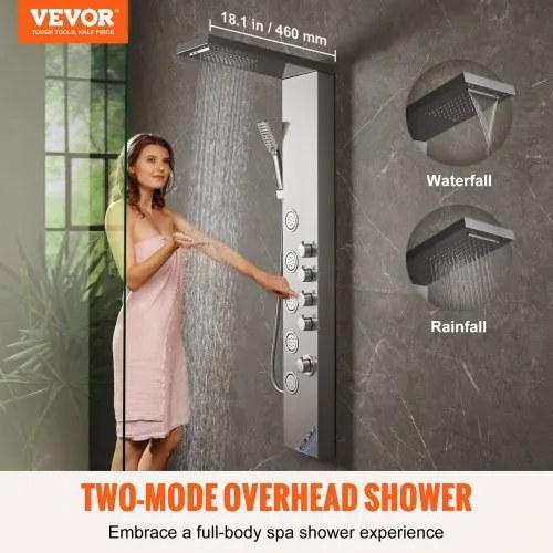 VEVOR Shower Panel System, 4 Shower Modes Shower Panel Tower, Rainfall, Waterfall, 5 Full Body Massage Jets and 3-Setting Handheld Shower Head with 59&quot; Hose, Stainless Steel Wall-Mounted Shower Set