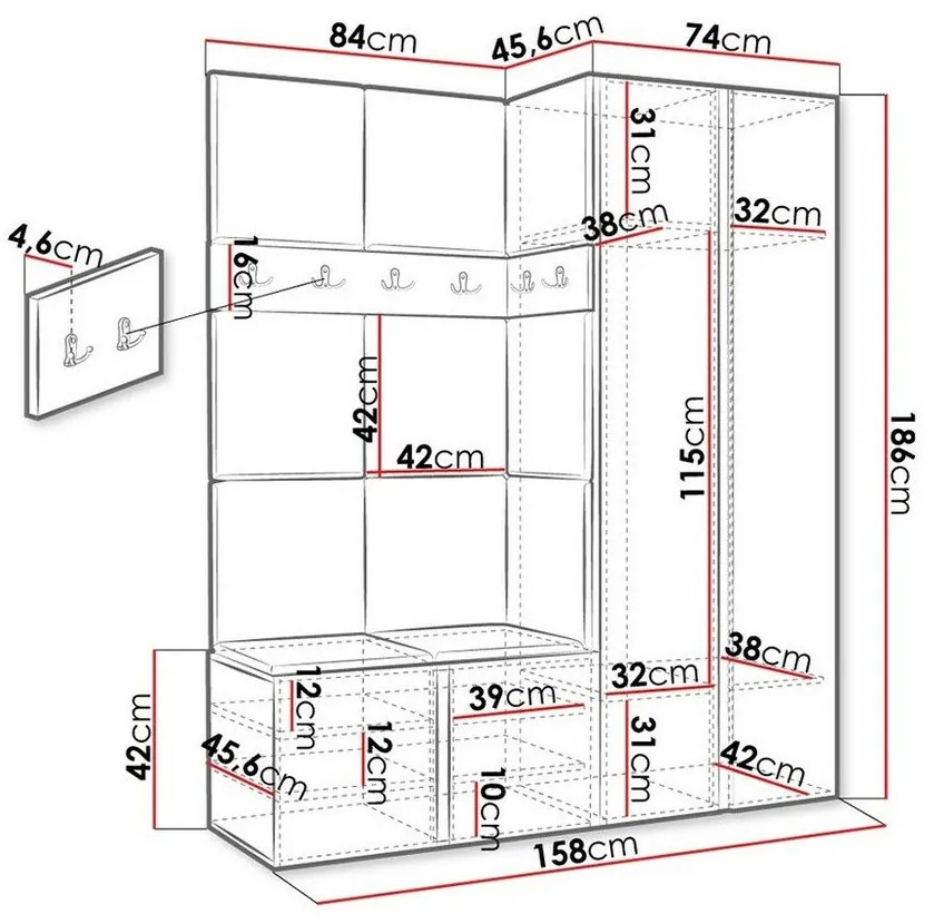 Σετ διαδρόμου Hartford 266, 186x158x46cm, 77 kg, Άσπρο, Ταπισερί, Πλαστικοποιημένη μοριοσανίδα, Τοίχου, Εντοιχισμένη | Epipla1.gr