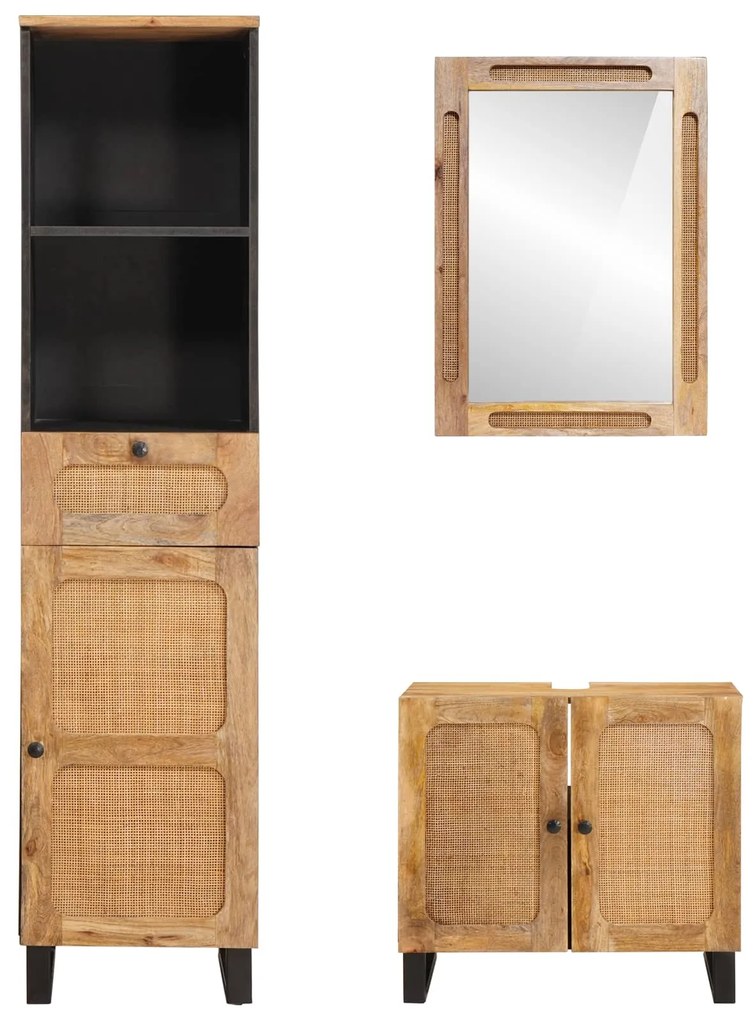 vidaXL Σετ Μπάνιου με συρτάρι με ράφι 3 pcs Φυσικό Στερεό ξύλο μάνγκο