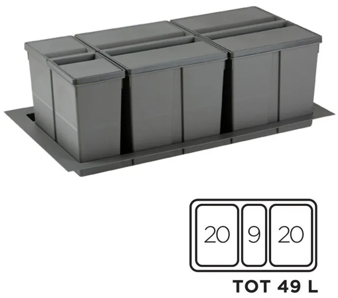 Gollinucci Σετ Κάδοι Απορριμμάτων Για Συρτάρι 2x20lt &amp; 1x9lt Για Βάση 900mm Γκρι Line 9xl
