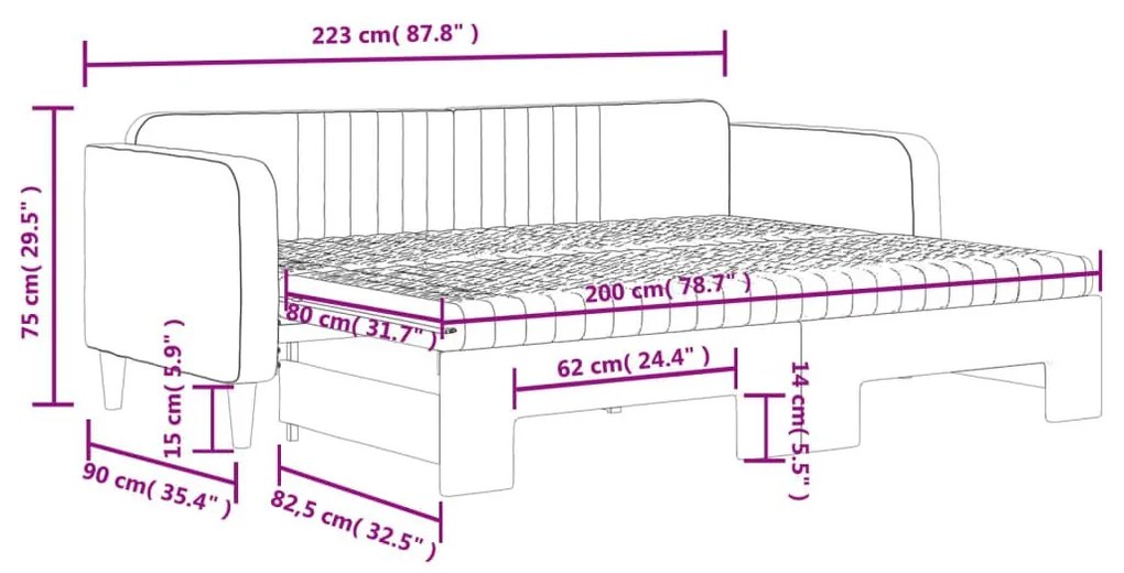 Καναπές Κρεβάτι Συρόμενος Μαύρο 80x200 εκ. Βελούδινος Στρώματα - Γκρι