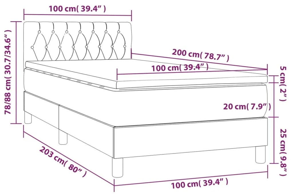 Κρεβάτι Boxspring με Στρώμα Ανοιχτό Γκρι 100x200 εκ. Βελούδινο - Γκρι