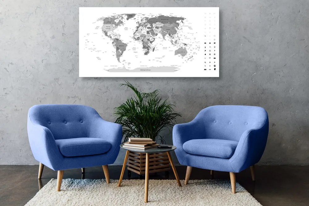 Εικόνα σε φελλό λεπτομερής παγκόσμιος χάρτης σε ασπρόμαυρο σχέδιο - 100x50  wooden