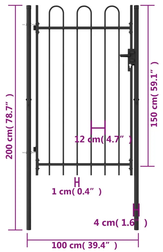 vidaXL Καγκελόπορτα Μονή με Αψιδωτή Κορυφή Μαύρη 1 x 1,5 μ. Ατσάλινη