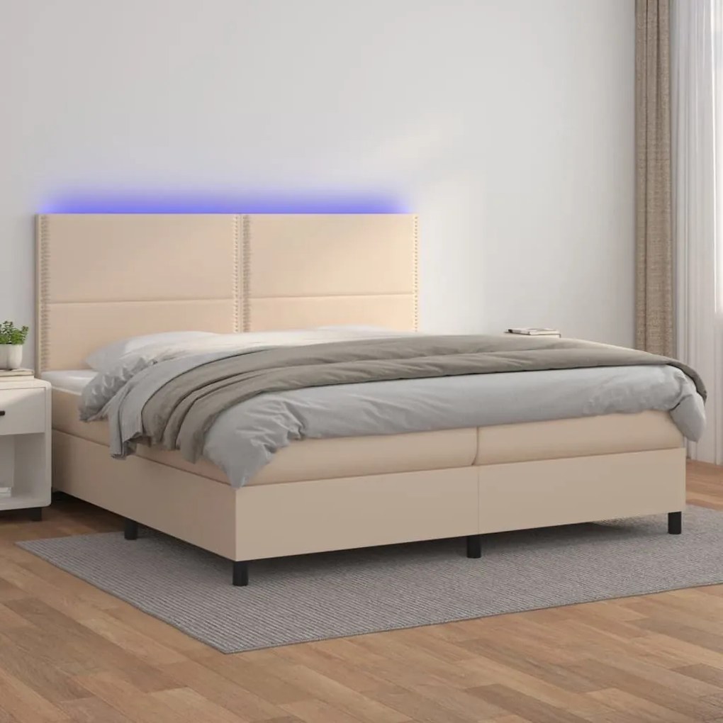 Κρεβάτι Boxspring Στρώμα&amp;LED Καπουτσίνο 200x200 εκ. Συνθ. Δέρμα - Καφέ