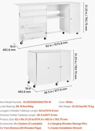 VEVOR Folding Sewing Table, Multipurpose Sewing Machine Table with Cabinet, Compact Design, Wheels, Wooden Pegs, Storage Trays and Shelf, Magnetic Door, Craft Station and Side Desk for Home, White