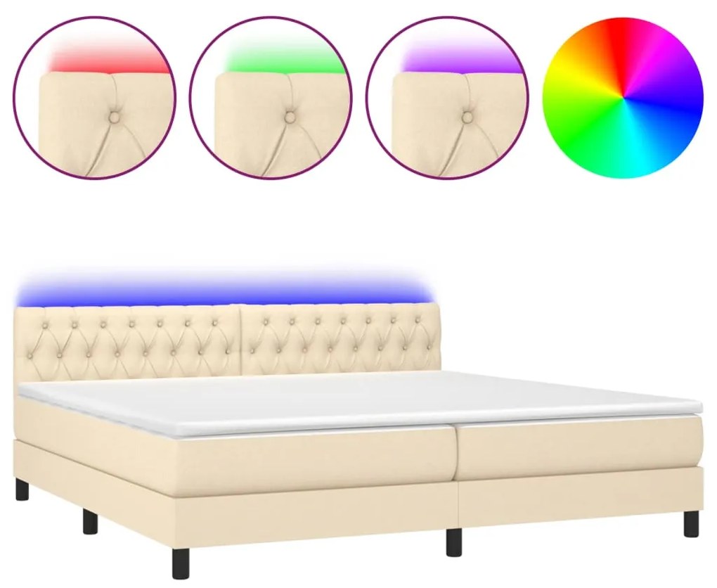 vidaXL Κρεβάτι Boxspring με Στρώμα &amp; LED Κρεμ 200x200 εκ. Υφασμάτινο