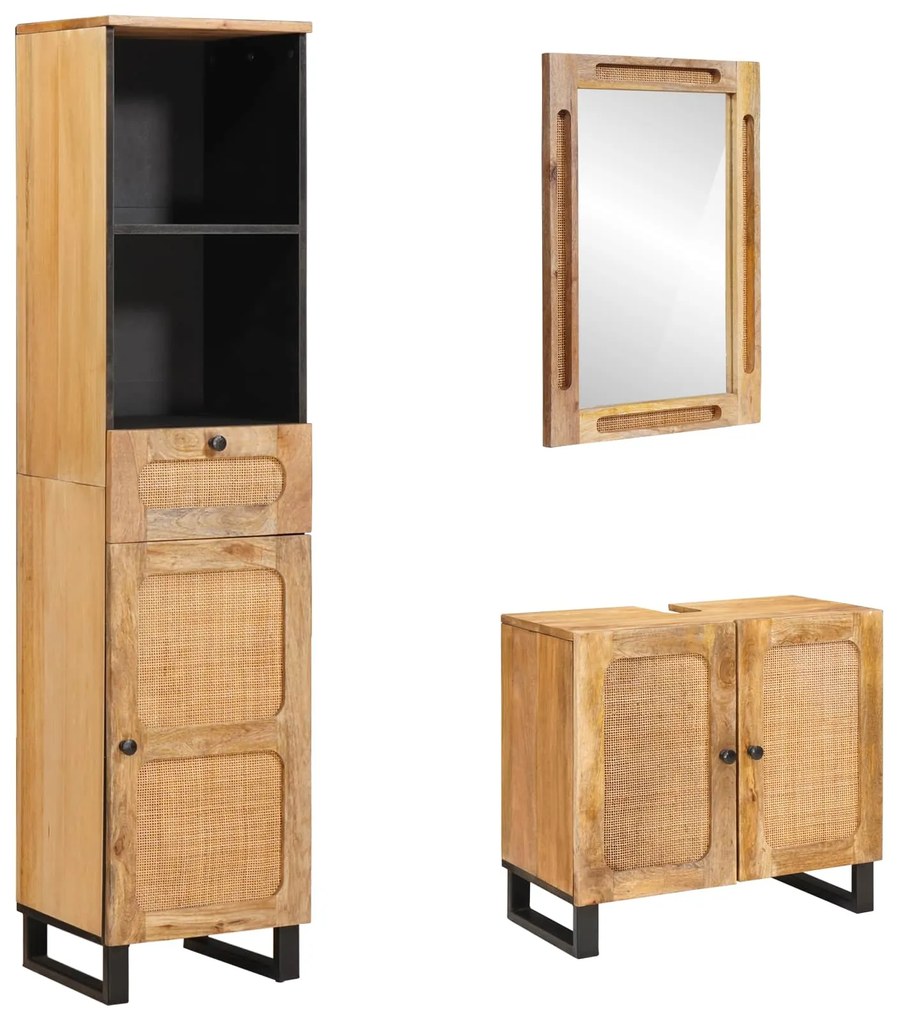 Σετ Μπάνιου με συρτάρι με ράφι 3 pcs Φυσικό Στερεό ξύλο μάνγκο