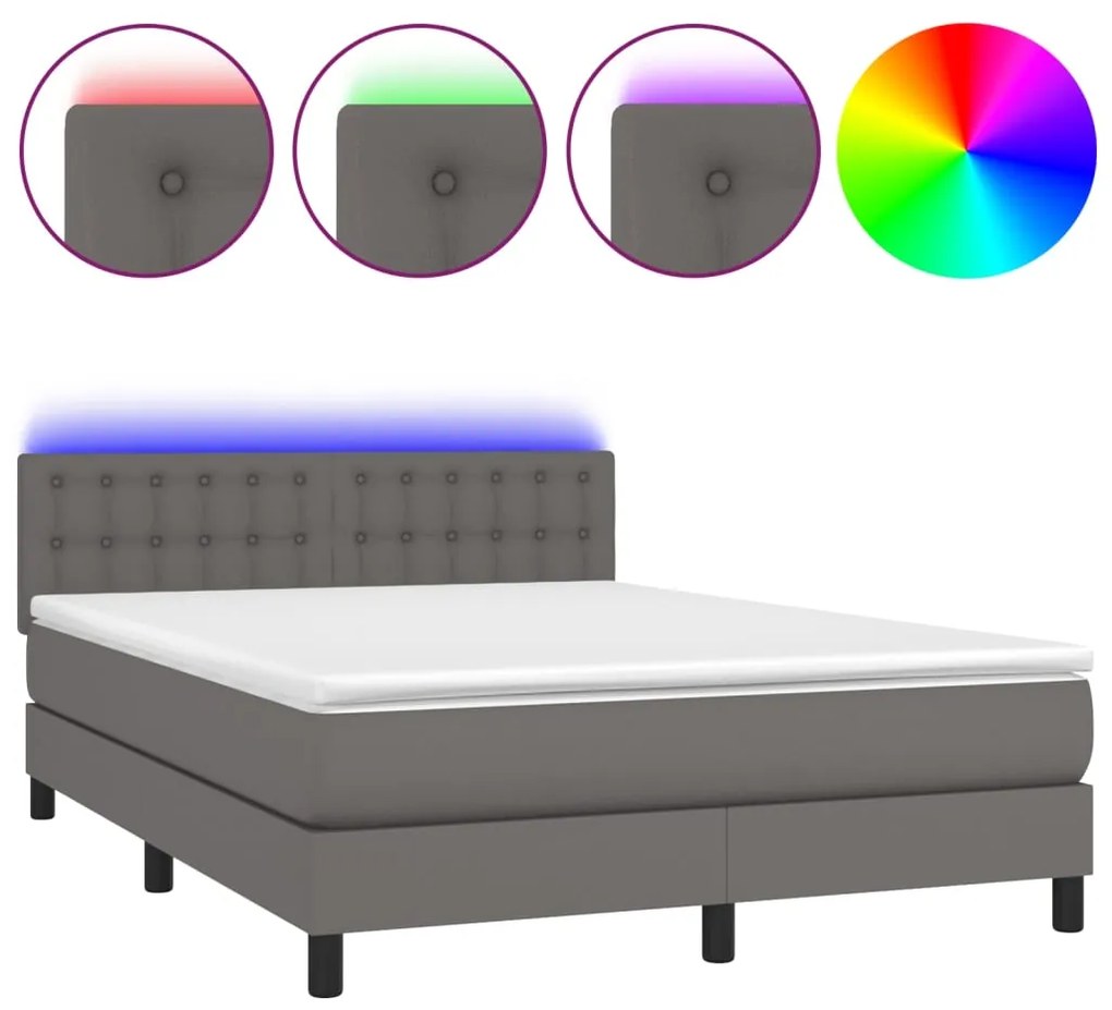 vidaXL Κρεβάτι Boxspring με Στρώμα & LED Γκρι 140x190 εκ. Συνθ. Δέρμα