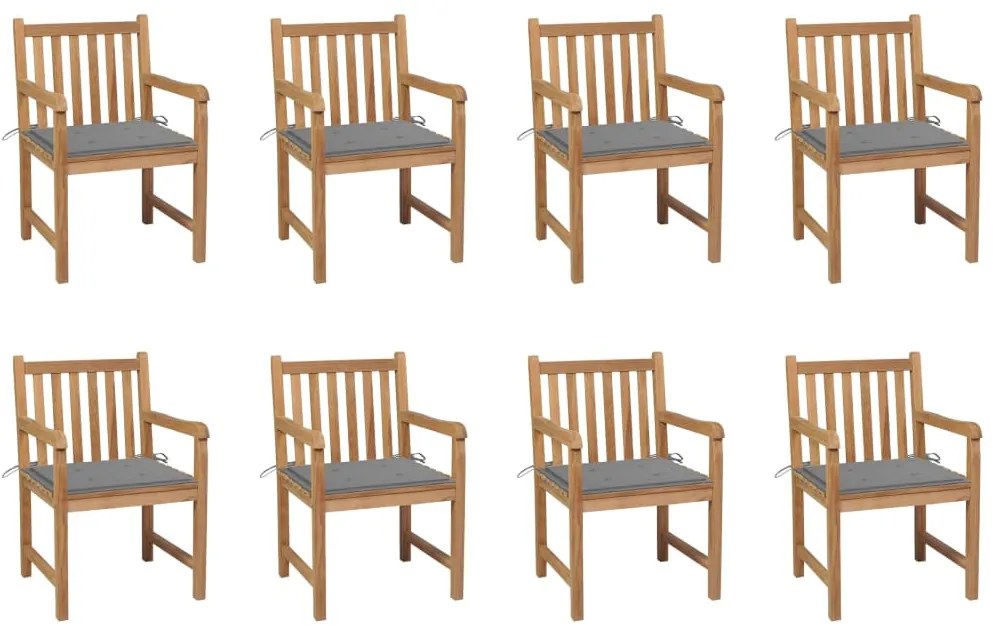 vidaXL Καρέκλες Κήπου 8 Τεμαχίων από Μασίφ Ξύλο Teak με Γκρι Μαξιλάρια